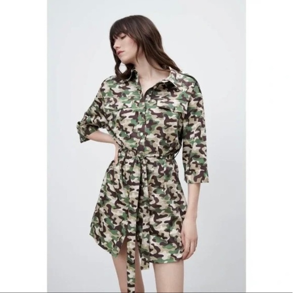 ZARA CAMO MINI SHIRT DRESS - Picture 1 of 4